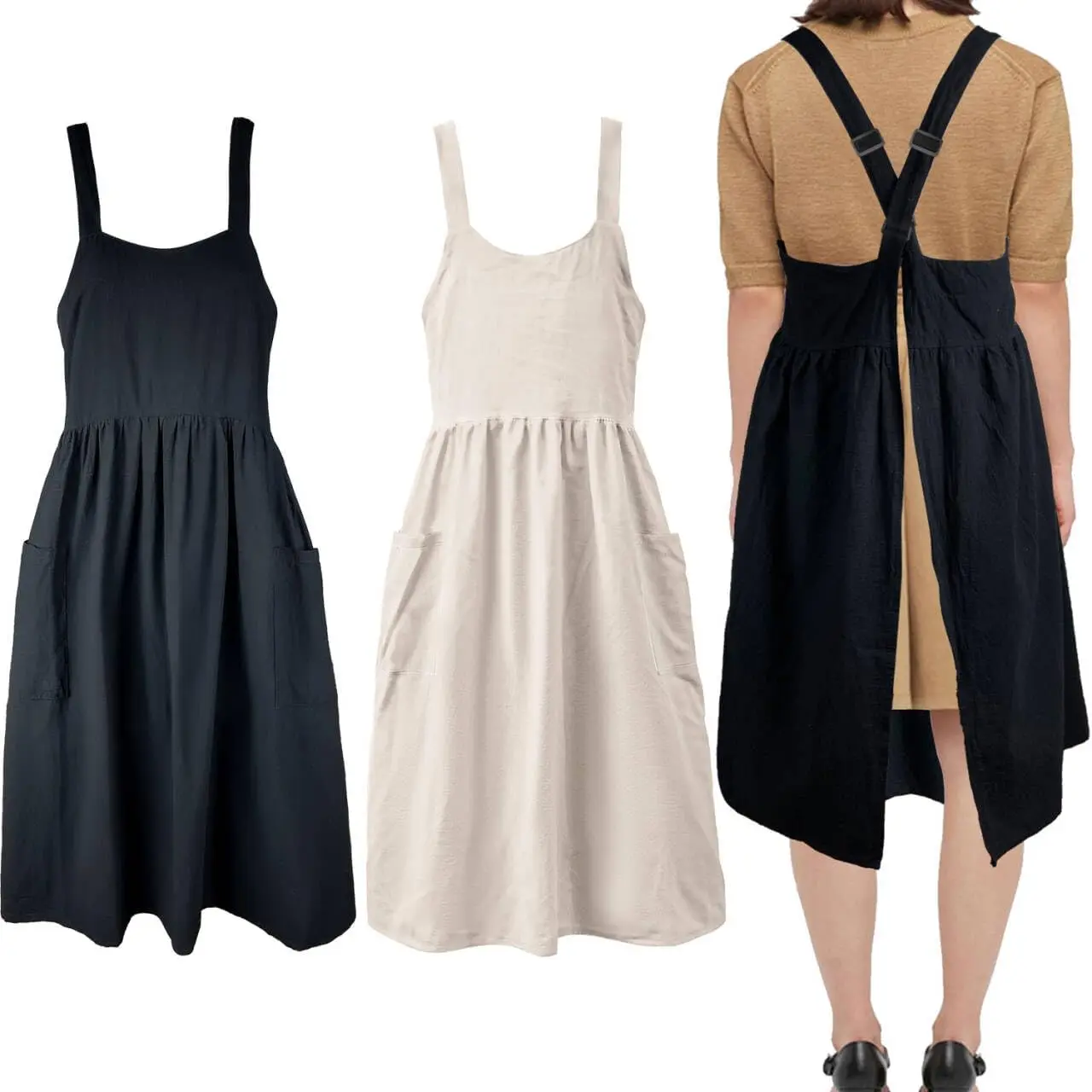 Cotton Linen Apron Cross  Work Apron for Women with Pockets Pinafore Dress X Cross Halter Apron for Chef Gardening