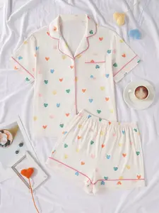 Women's Heart Print Pajama Set, Short Sleeve Button-Up Top and Elastic Waist Shorts, Comfortable Sleepwear, Loungewear, Casual Home Wear