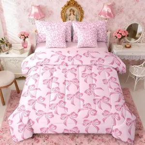 Bow Comforter Set 7 Pieces Cute Bowknot Bedding Set Princess Style Bed in a Bag with Comforter,Sheets,Pillowcases,Cushion Covers Elegant Bedroom Decor Pink Kawaii Quilted