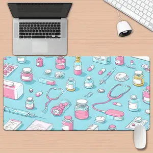 1Pc Extra Large Medical Desk Mat - Non-Slip Rubber Base Gaming & Office Desk Pad With Stethoscope, Microscope, Pills, Syringes, ECG - Pastel Pink & Blue Medical Office Decor - XXL Computer Mat For Doctors, Nurses, Gamers - Ideal Medical-Themed Workspace D