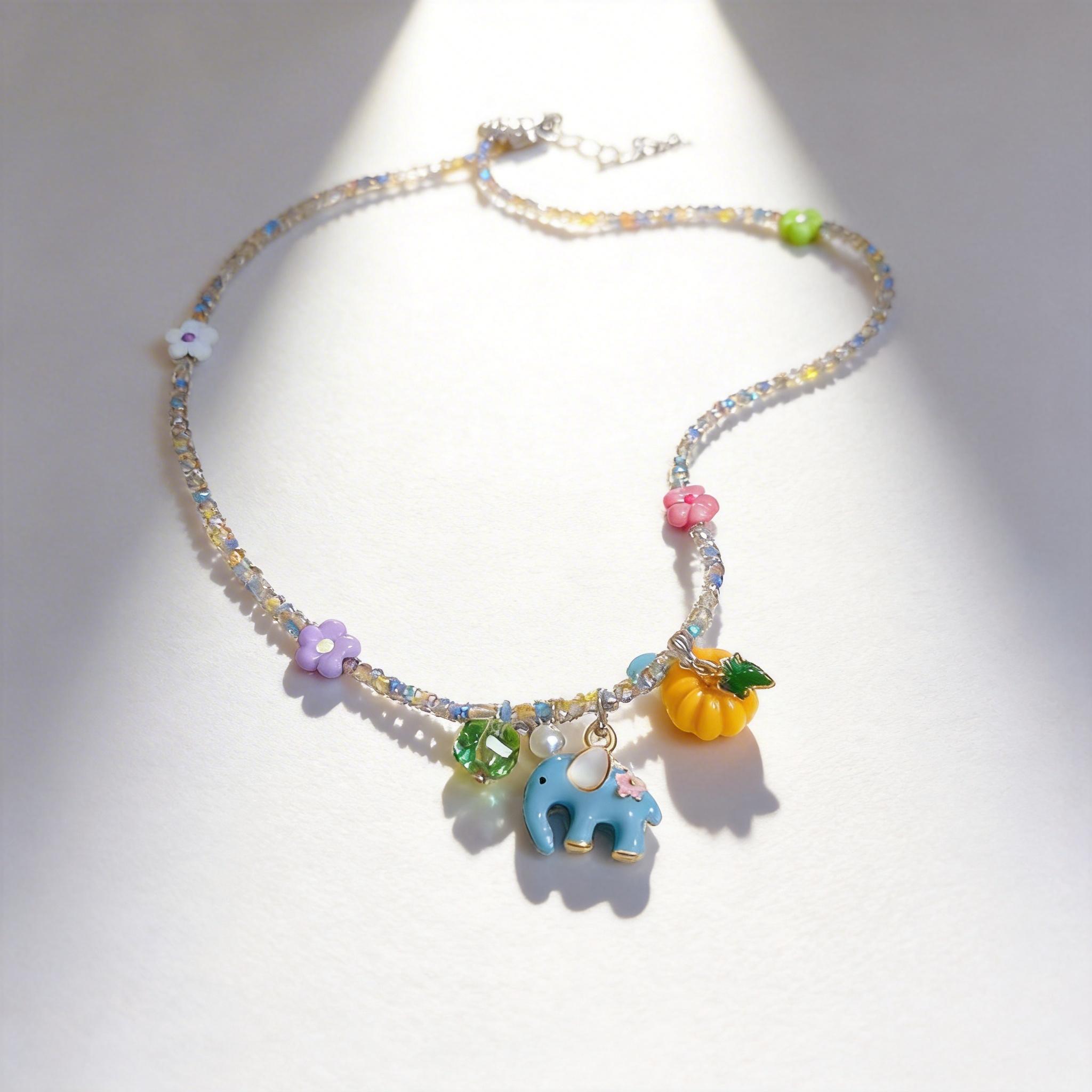 Hypoallergenic Cute Blue Elephant Pumpkin Pendant Necklace, Colorful Beaded Flower Choker for Girls, Sweet Gift for Daughter, Niece, Best Friend, Ideal for Summer, Holiday, Party & Everyday Wear