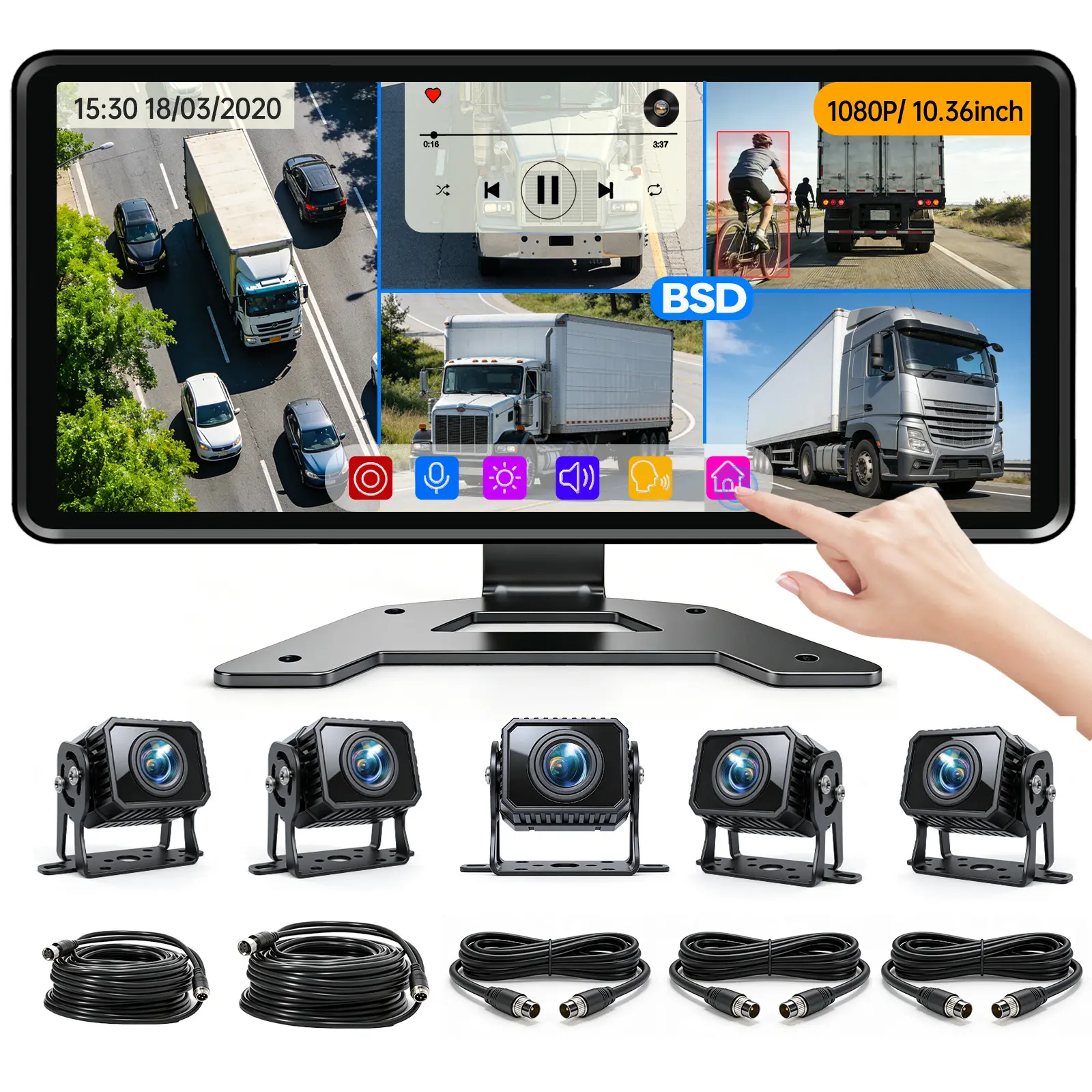 ConewVehicle Wired Backup Camera System with 10.36” Monitor, 1080P Full HD Touch Screen, 5CH AHD Rear View Camera, DVR Loop Recording, Night Vision, Waterproof for RV, Semi-Truck