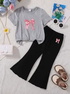Summer Girls' 2-Piece Set Leopard Print Bow T-Shirt + Bell Pants, Cute Loose-Fitting for School, Casual Shopping, Friends Meet-Up, Home Wear