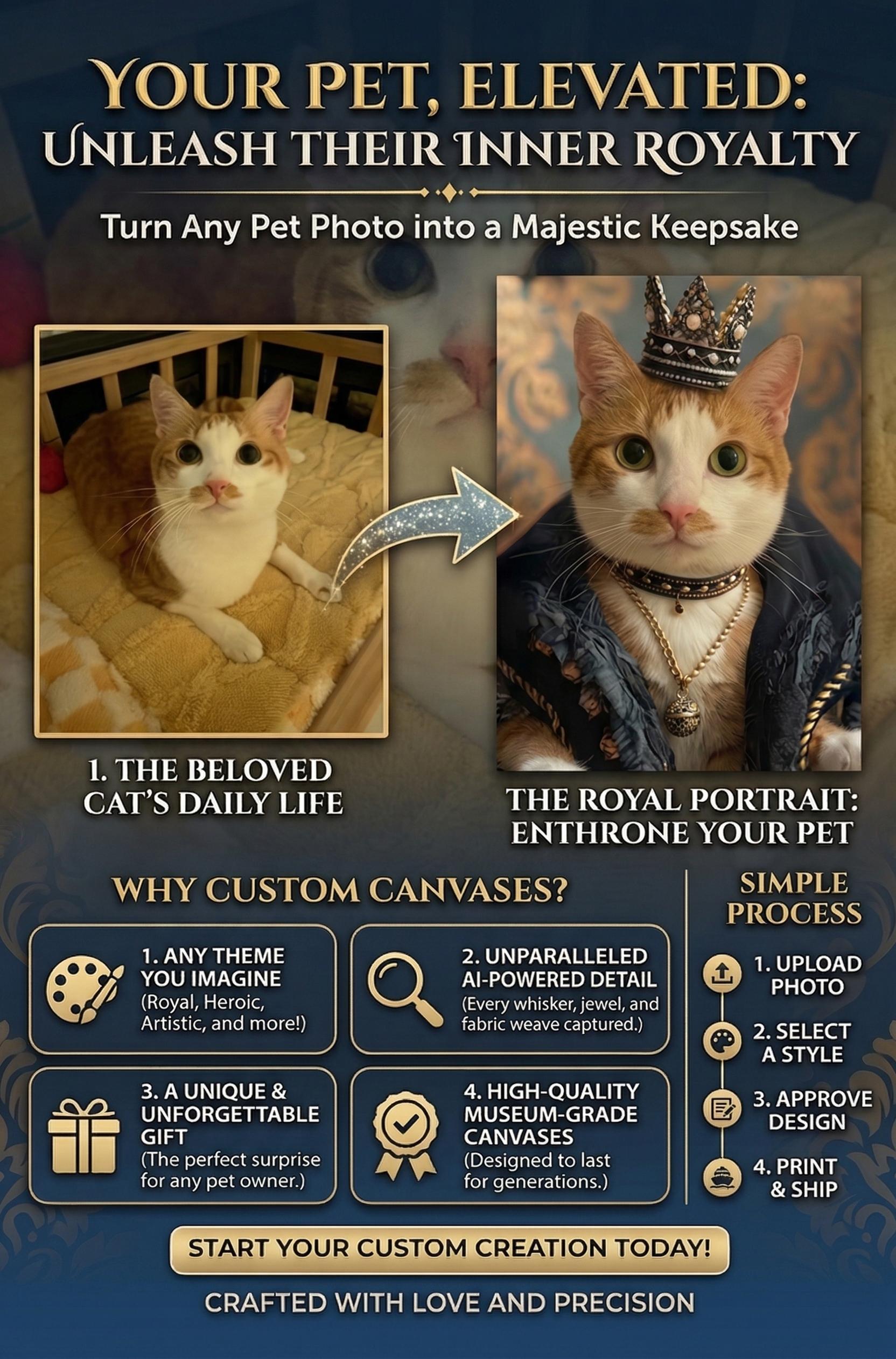 Royal Pet King Custom Pet Portrait Canvas Prints Renaissance Style Dog Portraits Based on Photos High-Quality Cotton Canvas Eco-Friendly Inkjet Printing Personalized Art Design