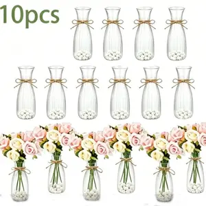 Striped Plastic Vase Set, 10 DIY Transparent Vases with Rope and Decorative Stones, Floral Stand for Coffee Table and Wedding, Home Decoration Accessories