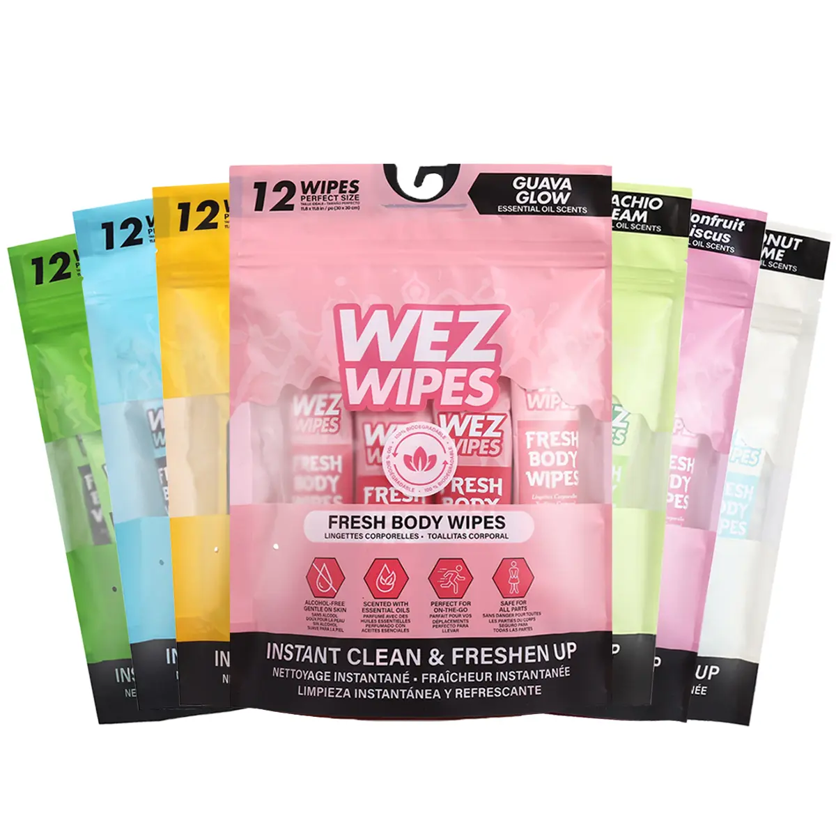 Fresh Extra Large Body Wipes Variety Pack WEZ WIPES | 7 Mixed Scents, Alcohol-Free Biodegradable Body Cleansing Wipes | No Rinse Bath Wipes for Gym, Travel, Camping & On-the-Go