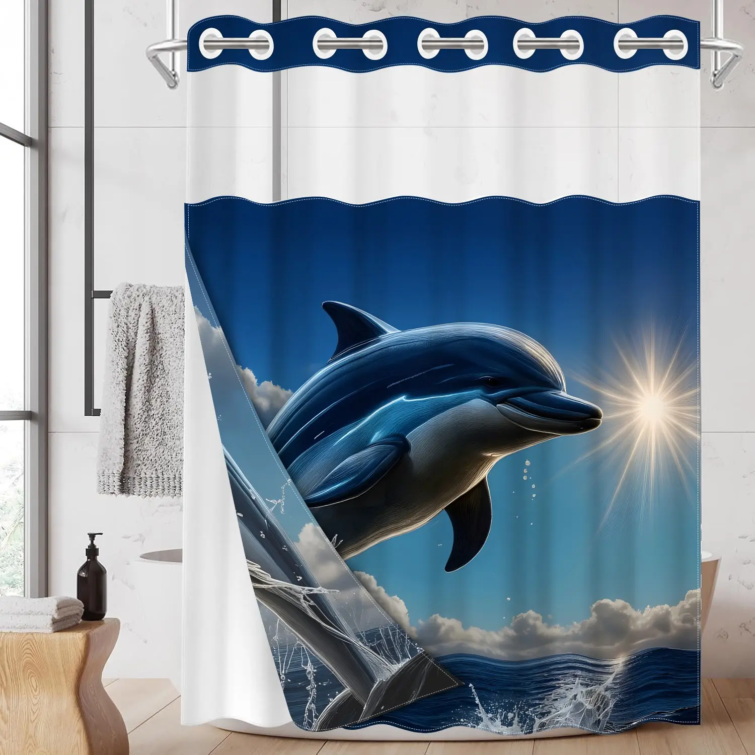 1PC 2D Flat Ocean Vacation Dolphin Hookless Shower Curtain, 3D Realistic Design, Waterproof, Resistant & Detachable Liner, Bathroom Curtain (No Hooks)