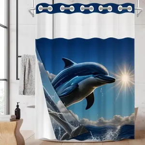 1PC 2D Flat Ocean Vacation Dolphin Hookless Shower Curtain, 3D Realistic Design, Waterproof, Resistant & Detachable Liner, Bathroom Curtain (No Hooks)