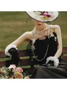 Velvet Long Lace Trim Gloves, Wedding Dance Evening Vintage Costume Accessory, Bubble Sleeve Fingerless Gloves