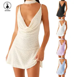 Women’s Swiss Dot Sleeveless Spaghetti Strap Mini Dress – Summer Backless Camisole Dress with Choker Scarf