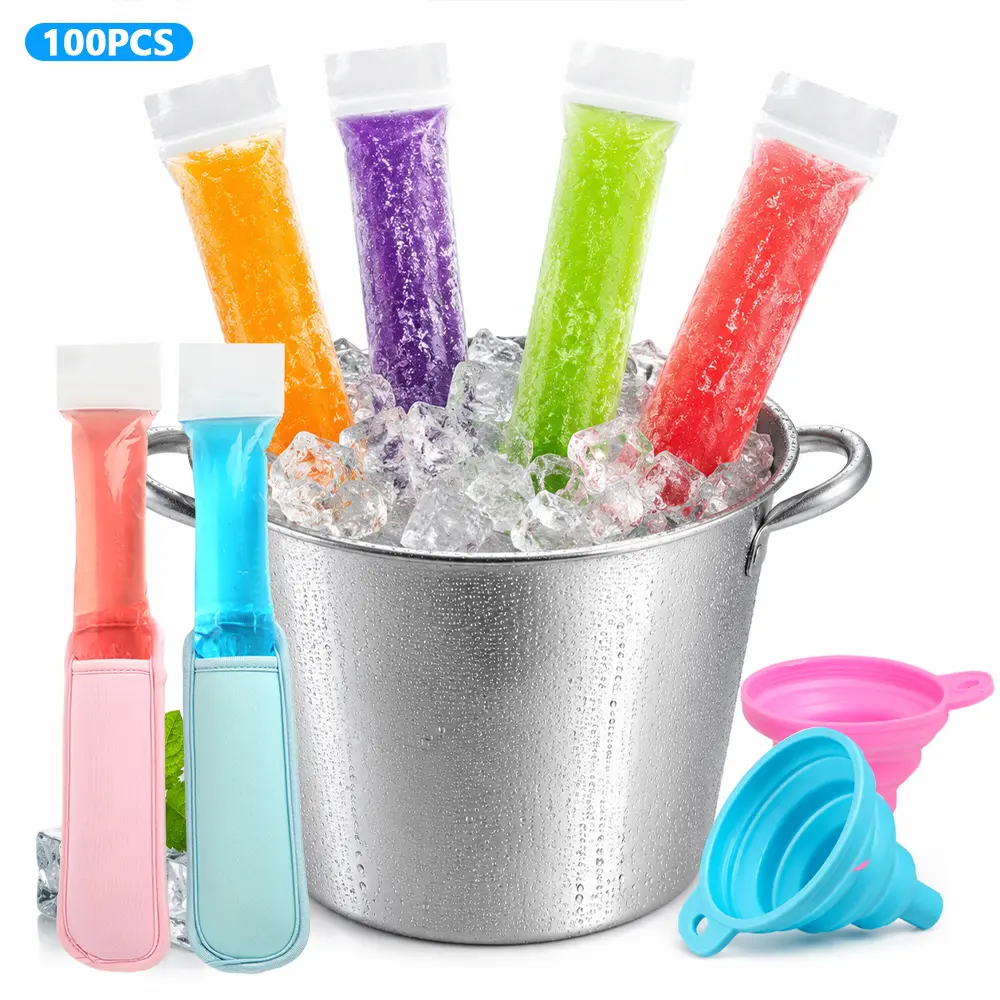 100-Piece Disposable Silicone DIY Popsicle Bags Set - 2 Protective Covers, 2 Foldable Funnels - Kitchen Gadgets for Homemade Juice Popsicles, Yogurt Bars
