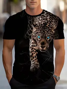 Men's Summer 3D Print Round Neck Classic T-Shirt, Digital Leopard Pattern, Casual Comfortable Short Sleeve Top, Polyester Knit Fabric