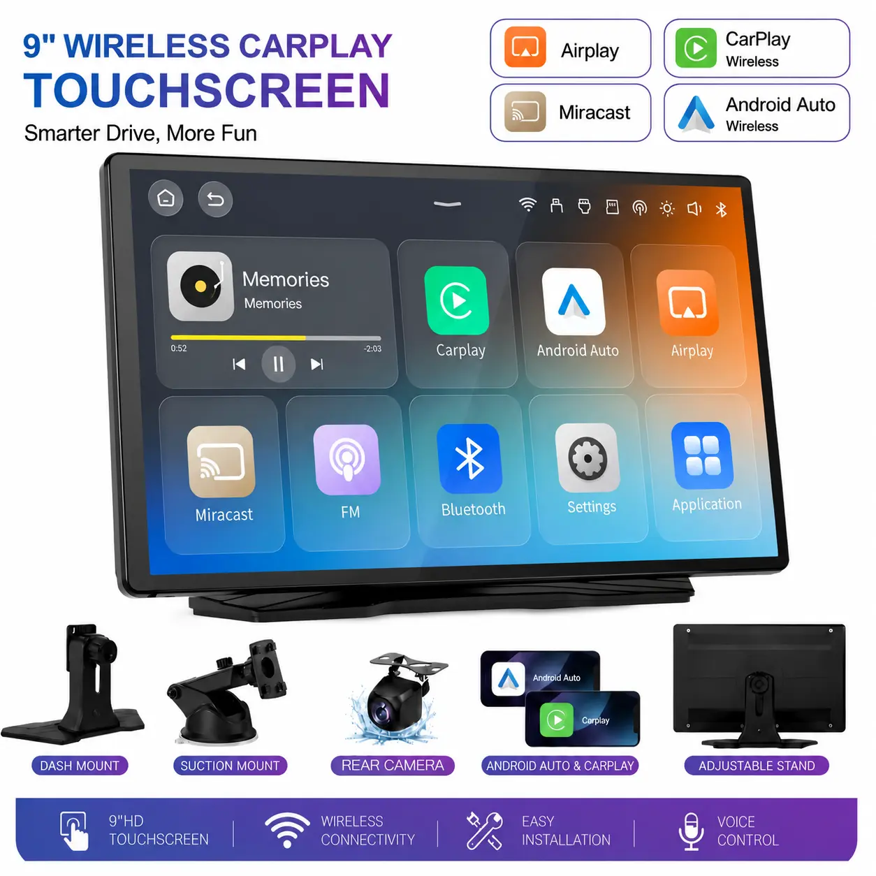 【YMQ】Hot Selling- 2026 9" Wireless CarPlay Screen - Portable Touchscreen CarPlay, Android Auto, GPS, Mirror Link & Rear Camera | Voice Control