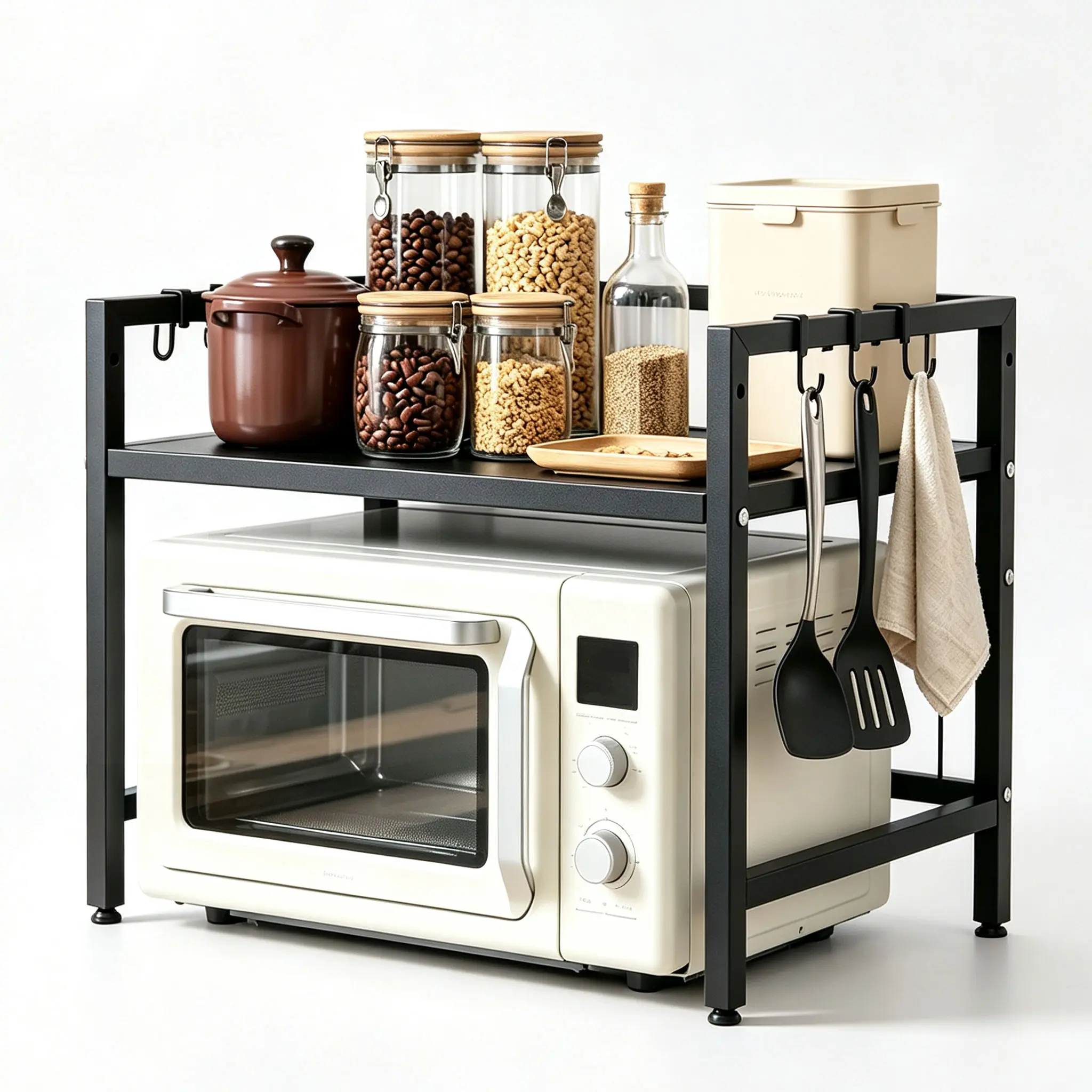 2-Tier Expandable Microwave Shelf with 6 Hooks，Carbon Steel Adjustable Microwave Rack，Space-Saving Shelf and Organiser for Kitchen Worktops，Black