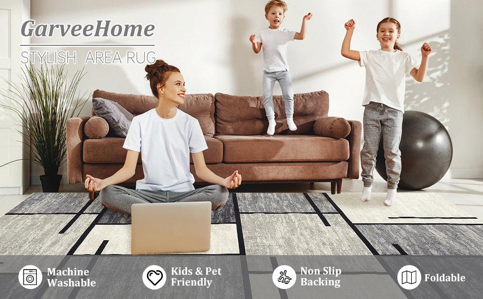 【GARVEE】Washable Rugs - Modern Geometric Non-Slip Area Rugs in Various Sizes (9x12, 8x10, 5x7, 4x6, 2x6) - Soft & Stain Resistant in Grey, Blue/Taupe