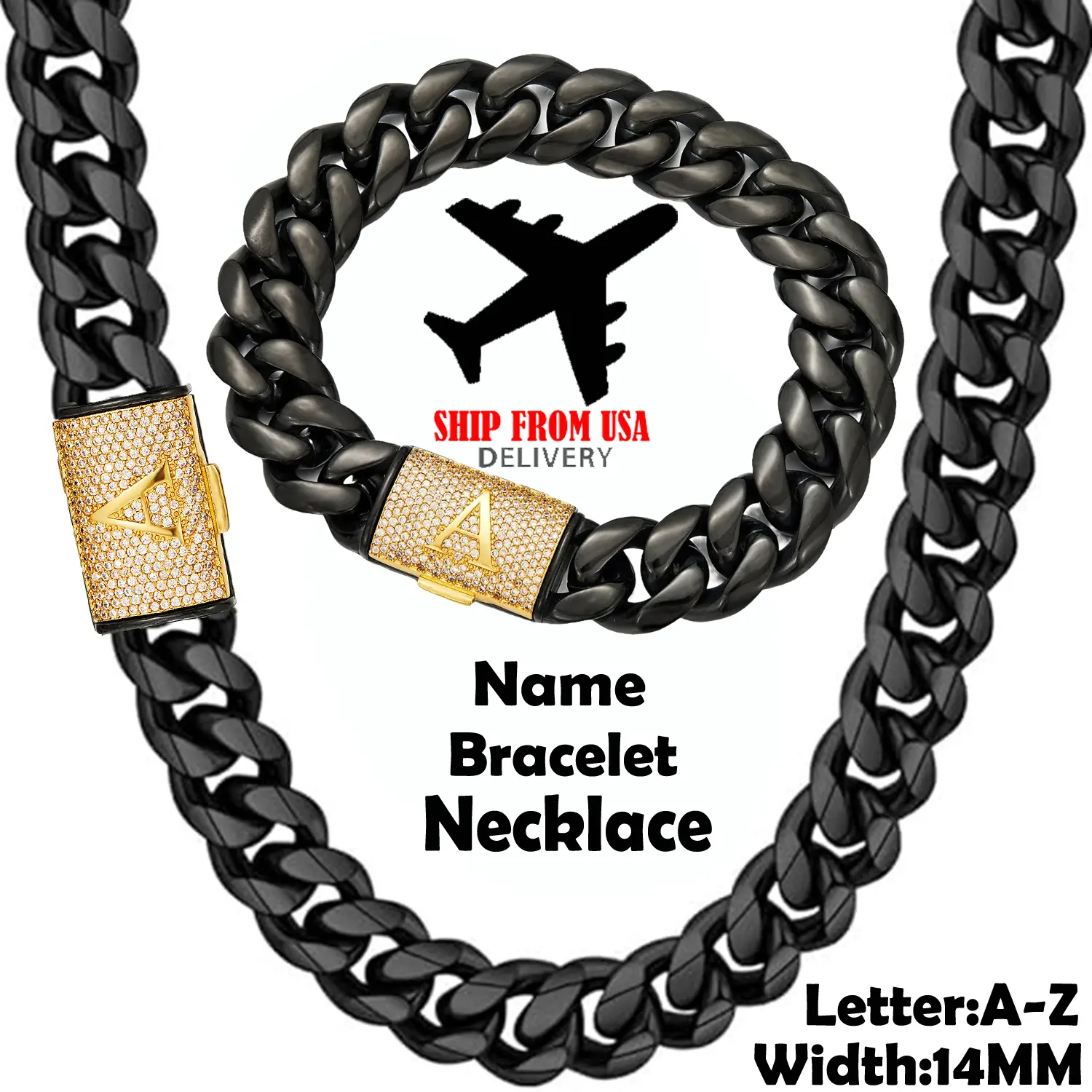 14MM Letter A-Z Name Necklace Bracelet Set Miami Cuban Link Chain For Men Stainless Steel Hip Hop Jewelry Daily Decoration For Gift