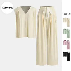 KatchMe Basic Womenswear Plain V Neck Sleeveless Oversize Top & Elastic Waist Drawstring Pocket Wide Leg Trousers Co-ord,Solid Loose Two Piece Outfits
