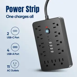 17 in 1 Surge Protector Multifunctional Power Strip, Wall Mounted Desktop Charging Station with USB Multi Plug Ports Socket, 11 AC Outlets & USB & Type-C Ports, Suitable for Home, Office & Travel, Wall Outlet Extender