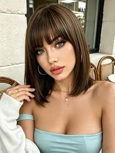12inch Light Brown Short Bob Wig with Bangs, Breathable Rose Inner Lining, Heat-Resistant Fiber, Perfect for Daily Wear, Parties, Valentine's Day, Synthetic Wigs