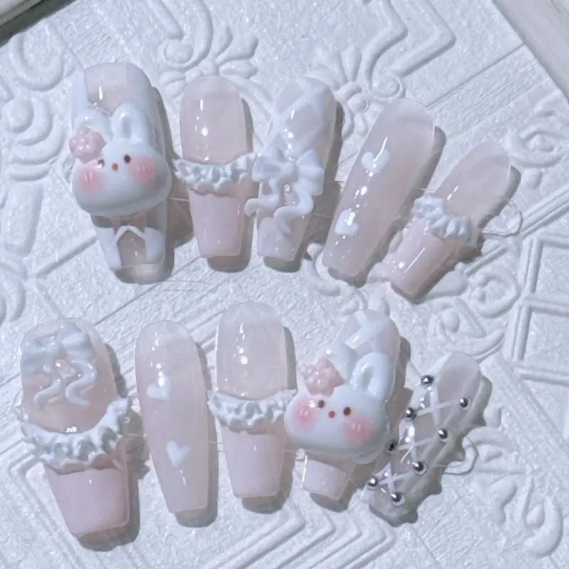 3D Cute Bunny Ribbon Press-On Nails | Coquette Balletcore Pink & White Fake Nails | Handmade Sweet Heart Lace False Nails