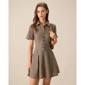 Brown Plaid Lapel Pleated Mini Dress