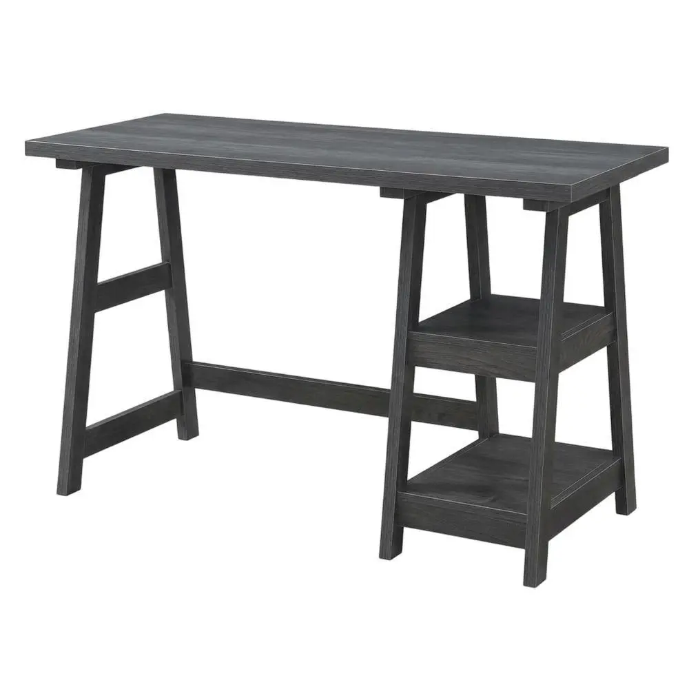 Wooden Trestle Desk With Shelves And Melamine Overlay For Office Space