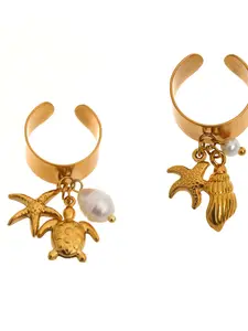 1Pc 18K Gold Plated 304 Stainless Steel Open Cuff Ring, Ocean Charm Adjustable Ring with Starfish/Turtle/Conch & Baroque Pearl, Summer Beach Boho Ring for Women, Hypoallergenic Tarnish Resistant