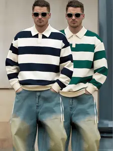 2 men's striped POLO shirts, long-sleeved style, suitable for Trendy Casual daily wear, comfortable, Fitted and well-fitting, featuring a versatile design that is suitable for all seasons, embodying a youthful street and campus style, Menswear