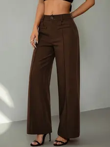 A women's wide leg version high waist Fitted button closure design pant loop and decorative pocket ladies trousers, suitable for autumn and winter, suitable for commuting, retro and other trendy styling.
