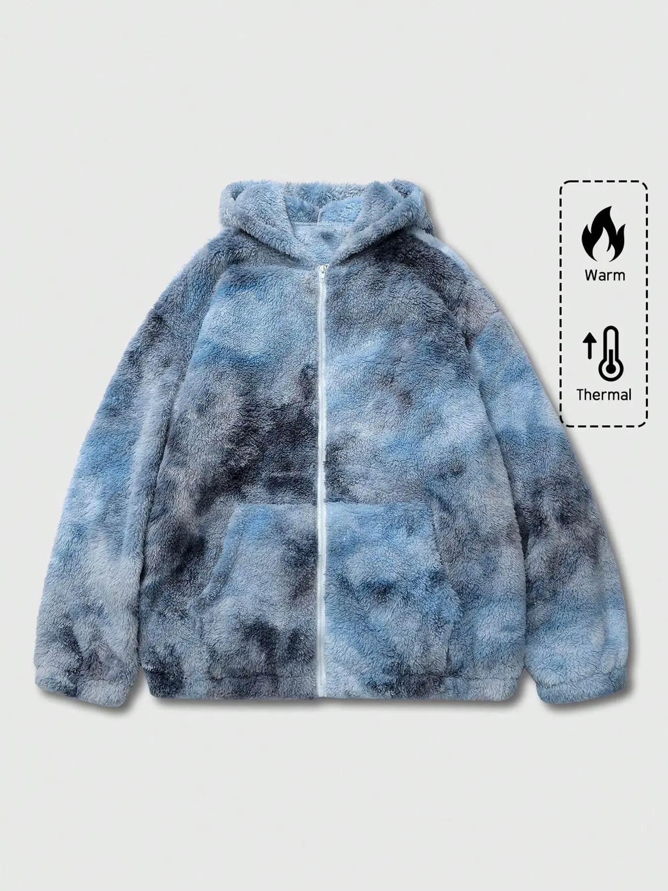 【Winter Warm Essential】 Oversized Loose Tie-Dye Ink Wash Style Thick Fleece Jacket! Sherpa/Teddy Fleece Fluffy Soft Hooded Jacket Unisex Couple Style. Dark Grey Streetwear Brand Full-Zip Dropped Shoulder Jacket #WinterOutfit #FleeceJacket #CoupleStyle Mus