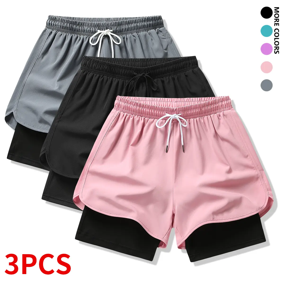 3-piece set: women’s athletic shorts, layered with pockets, quick-dry suitable for running, yoga, gym training, and summer sportswear,summervibes, Hot Weather, Layering Essential, Workout Gear, Full Outfit
