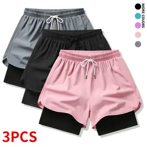 3-piece set: women’s athletic shorts, layered shorts with pockets, quick-dry shorts suitable for running, yoga, gym training, and summer sportswear