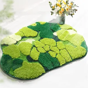 Green Moss Bathroom Rugs 32x20 Inch Soft Microfiber Non-Slip Boho Plush Rug for Shower with Cute Leaf Design