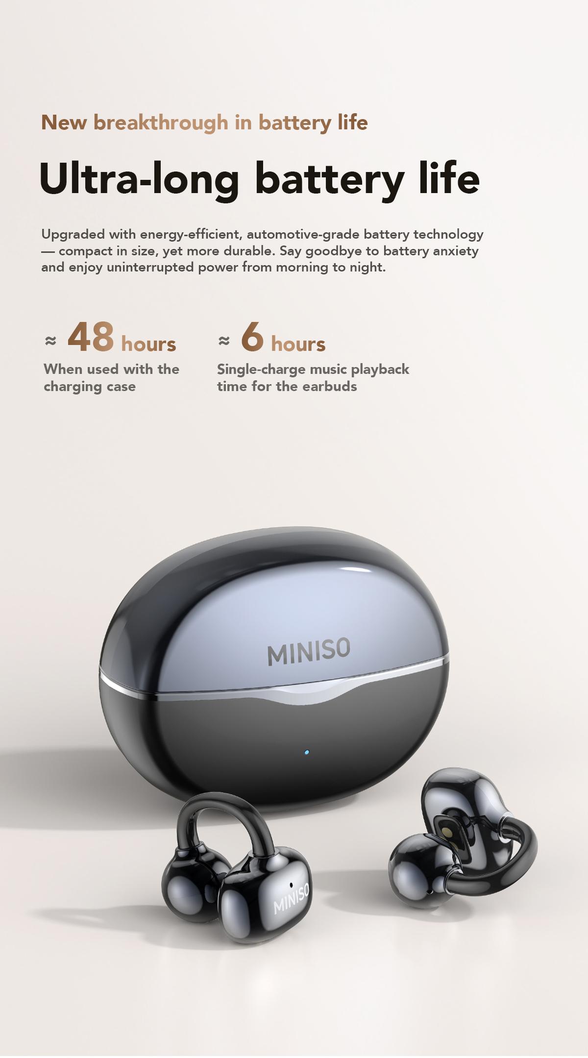 MINISO Clip On Earbuds Wireless Headphones with Bluetooth 6.0 Earphones, Stable Connection & Low Power Use, DT6.0 Pulse Directional Tech, 360° ACS Panoramic Sound, IPX5 Waterproof Audio Earbuds for Music & Calls, Comfortable for Sports