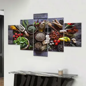 Kitchen Spices Feast Pattern Canvas Unframed Painting, 5 Counts/set Colorful Ingredients Allure Poster, Fashion Home Poster, Perfect Living Room Decor