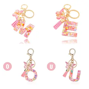 Initial Letter Keychain Cute Keychain Butterfly Pink Sequins Alphabet Resin Name Tassel Keychain for Valentines Gift  1 Count