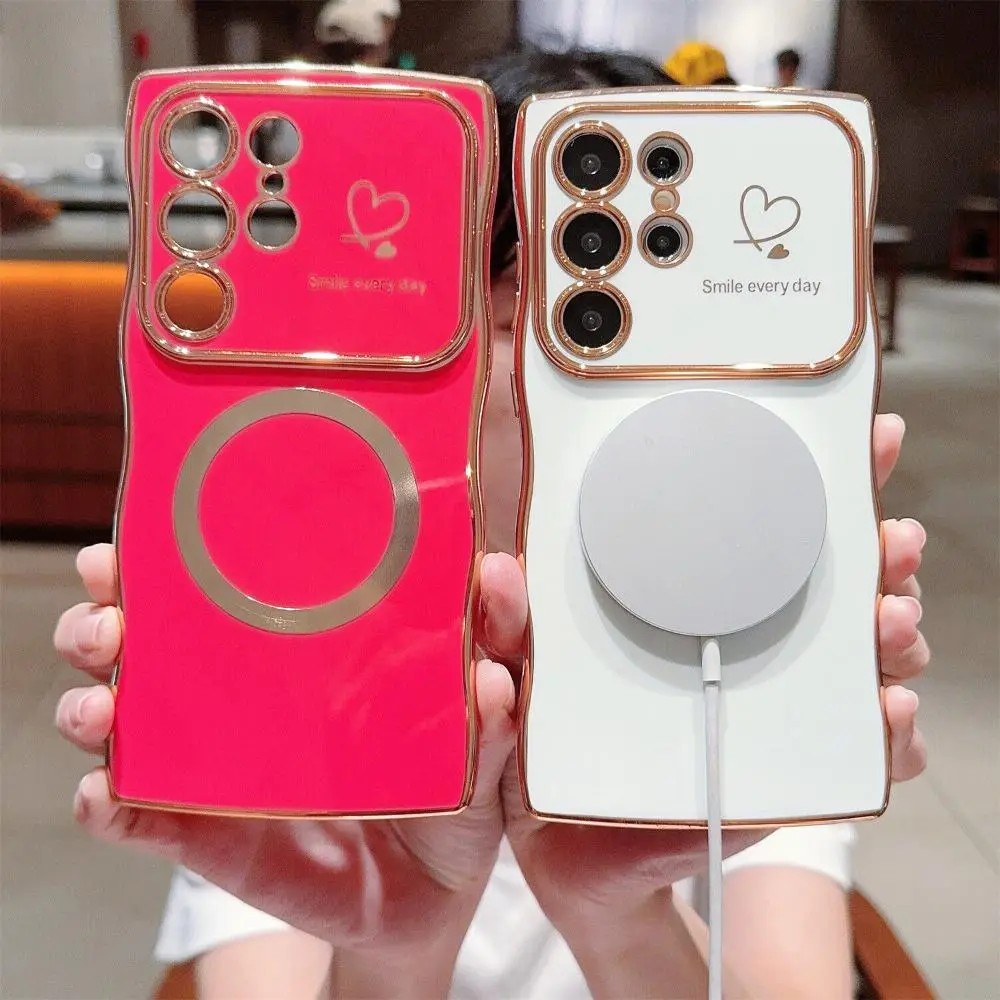 [Free !ship] for Samsung Galaxy S24 S23 S22 Magnetic Soft Cute Wave Frame Curly Shape Love Heart Luxury Plating Phone Case Compatible with MagSafe Sho