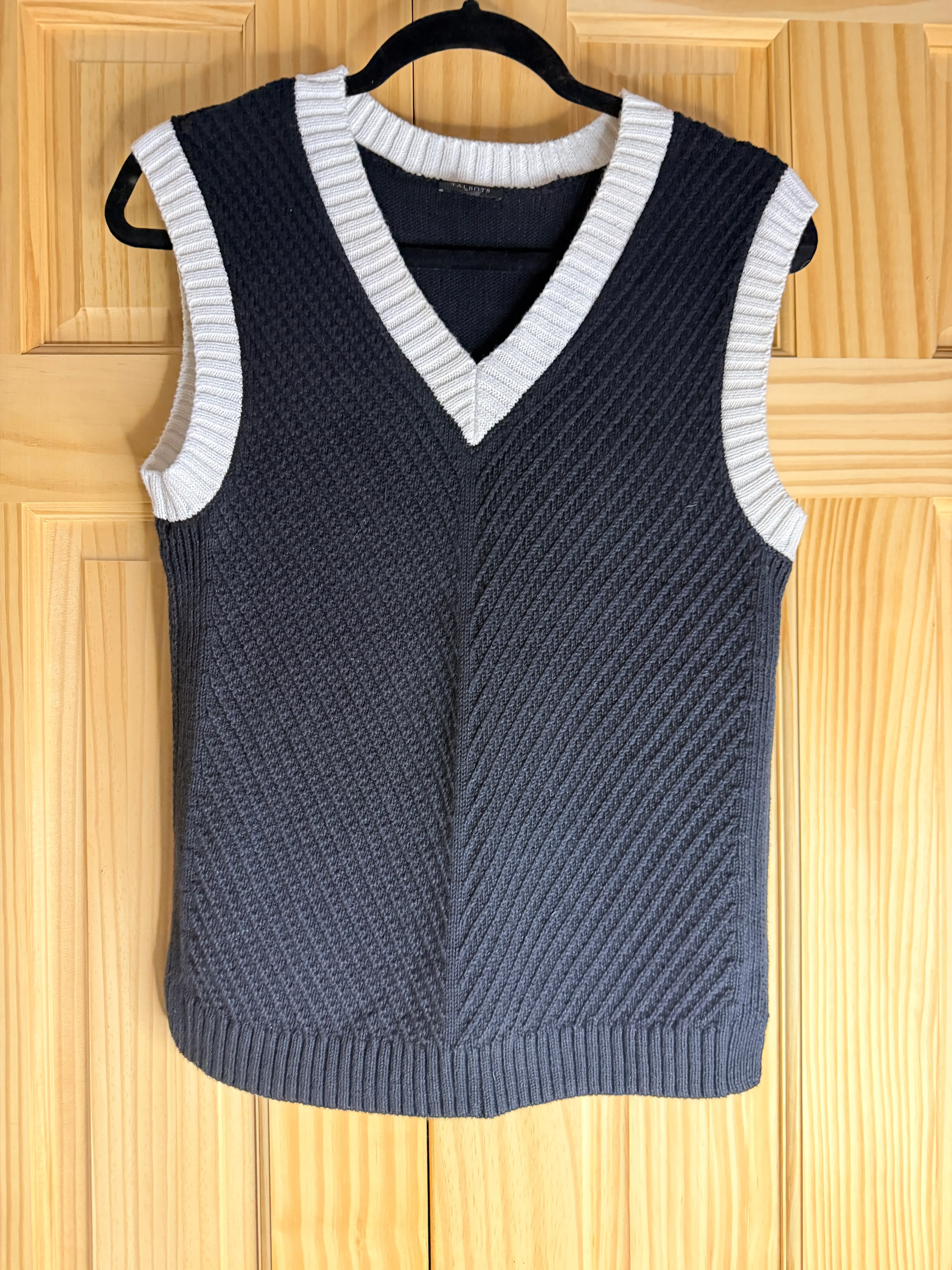 Talbots Petite Textured Knit Sweater Vest Navy Ivory Women's SP V-Neck Layering