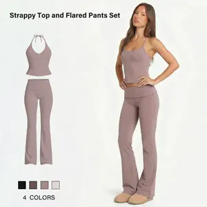Women's Summer Sets Halter-neck Strap Top High-Waisted Fold Over Slimming Bell-Bottom Panst Suitable for Outdoor Casual Wear and Sports-Style Fitness Apparel Pretty Girl Sets