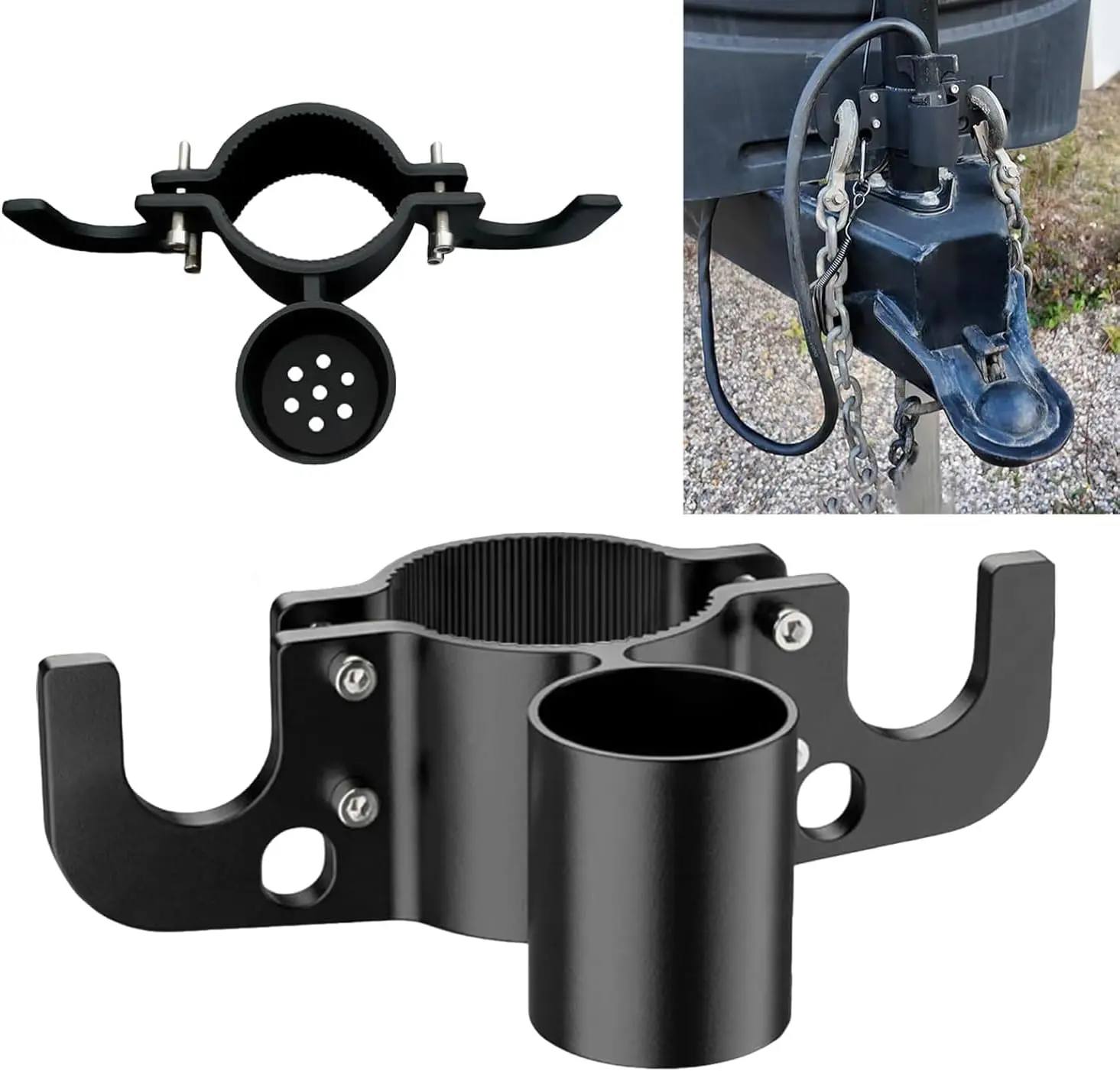 Aluminum Trailer Chain Holder, Trailer Towing Chain Organizer with 7 Way Plug Holder Cover, Heavy Duty Anti-Rust Cable Wire Harness Holder RV Tongue Jack Towing Accessories