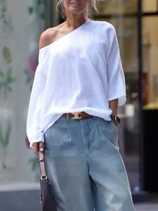 Women's Plain Asymmetrical Neck  Tee, Casual Loose Solid T-shirt for Summer, Ladies Clothes for Daily Wear, Top