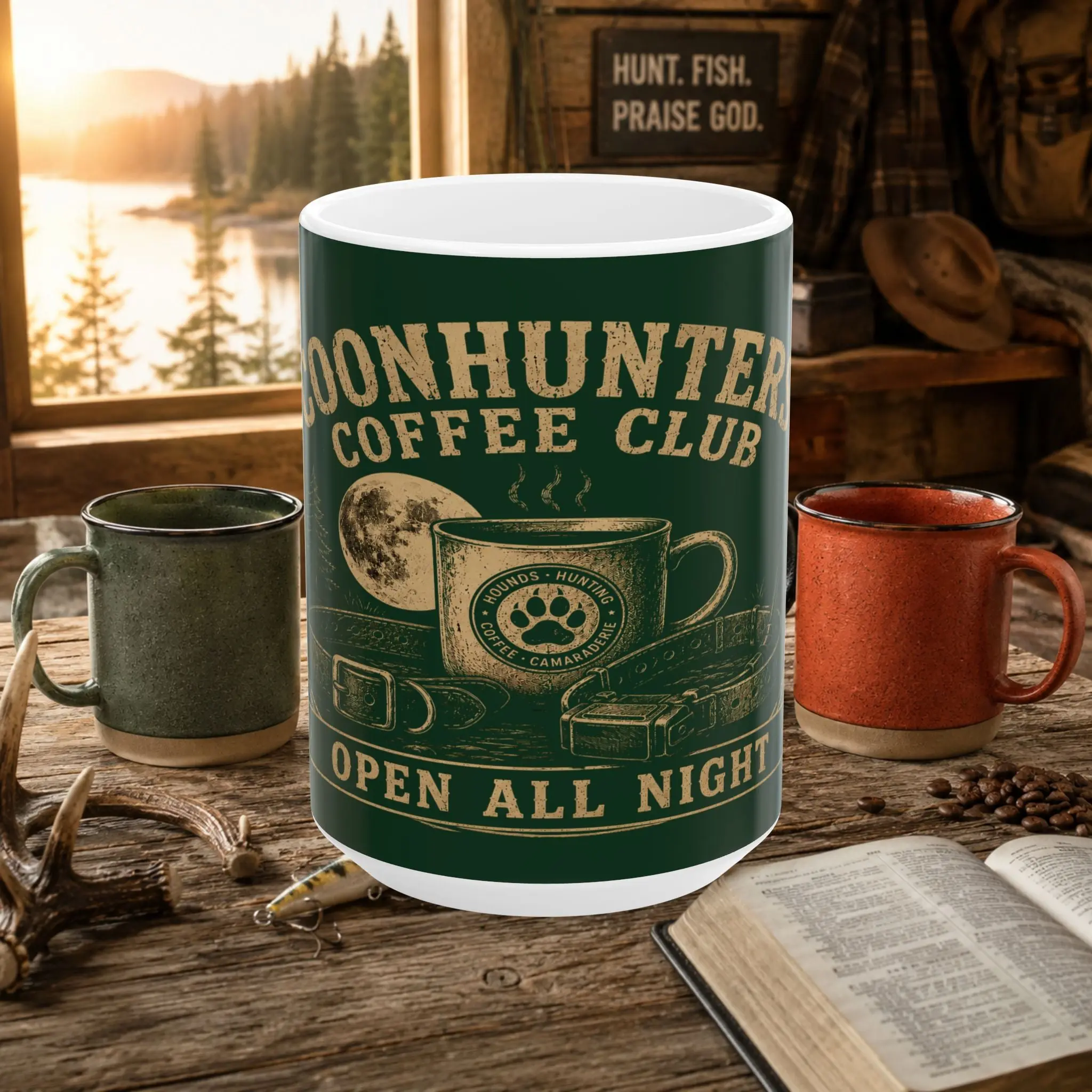 Coon Hunter Coffee Club Mug — "Open All Night" Rustic Houndsman Ceramic Cup (11oz/15oz)