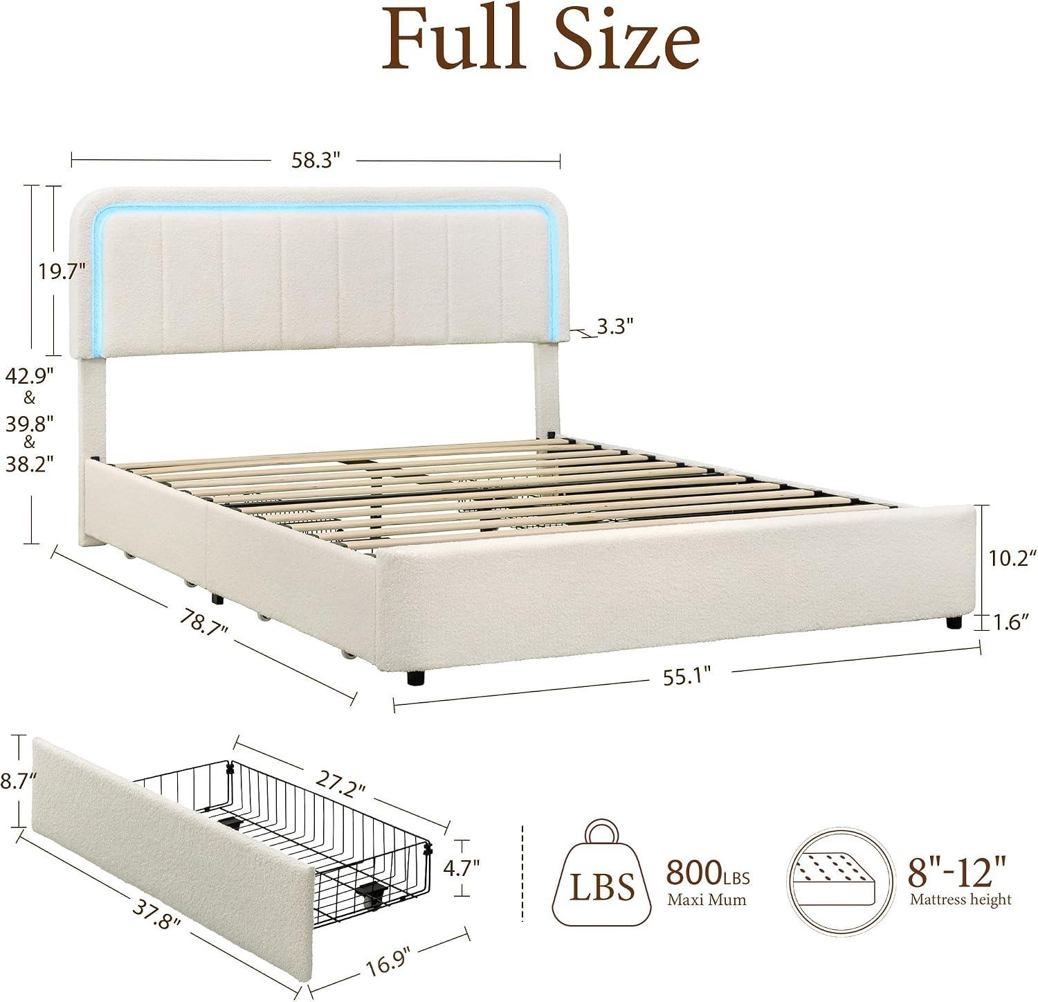 Cloud Bed Frame with LED Light, Boucle Upholstered Bed | Beige, 4 Storage Drawers, Soft Curved Corners, No Box Spring Needed, Easy Assembly, Adjustable Headboard