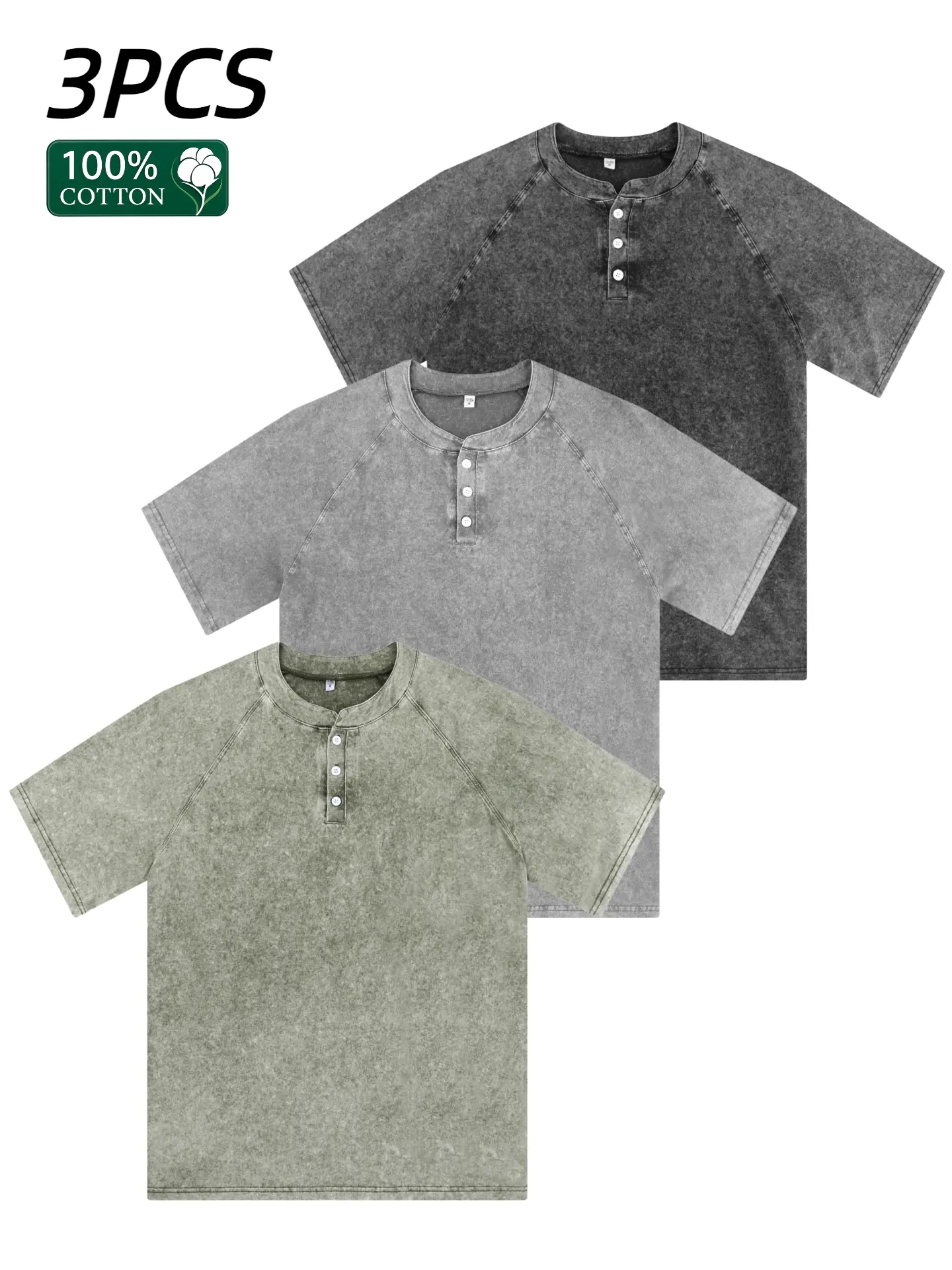 Men's Classic Henley Shirts, 1/3 Pack Vintage Washed 100% Cotton Short Sleeve Tees, 3-Button Loose Fit Casual Plain Summer Tops, Shortsleeve, Menswear, Button Front, Tshirt, Buttons