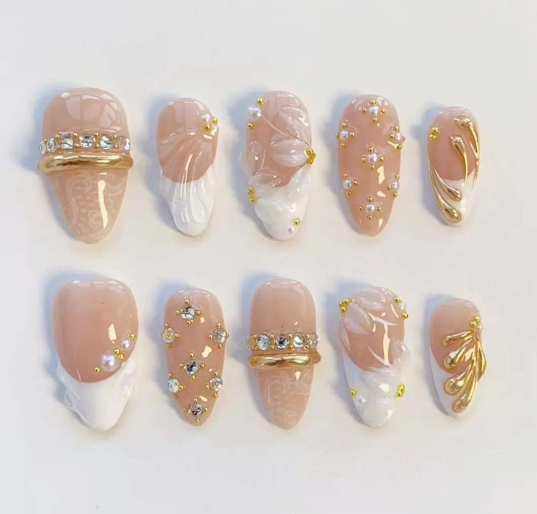 Wedding White lace nails/press on nails long almond nails/Elegant nails/3D Gel Nails/Gold Chrome Nails/bangle nails/Birthday nails