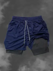 Men's Solid Color Fitness Shorts, Casual Summer Fitted Multi-Pocket Gym Shorts, Moderate Fabric, Comfortable Two-Layer Design, Plain Drawstring Shorts, Summer Sports Shorts