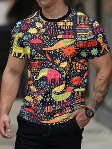 Indian Folk Art Animal & Floral Print T-Shirt, South Asian Ethnic Style Casual Top, Long Fitted Shirt, Women's Fashion Clothing