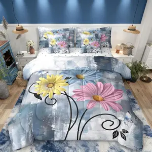Rustic Flower Comforter Set,Farmhouse Country Floral Bedding Set,7 Pieces for Blue Daisy Flowers And Butterfly Bed In A Bag,Wooden Teal Turquoise Sheet Set with Comforter Pink Yellow Grey