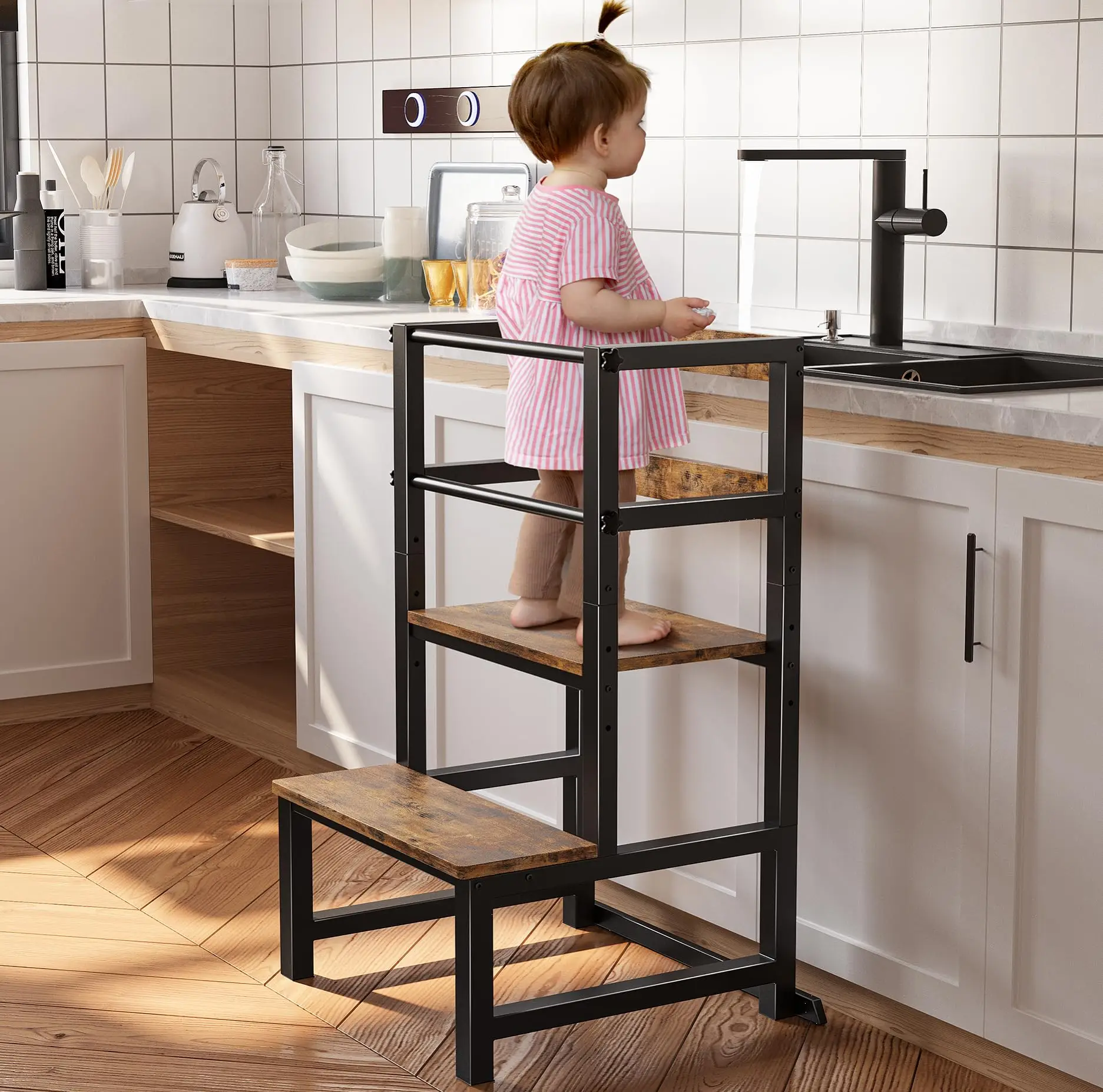 Toddler Kitchen Step Stool, Adjustable Height Learning Tower with Safety Rail, Steel & Wood Kitchen Stool for Kids, Toddler Helper Stool for Kitchen,