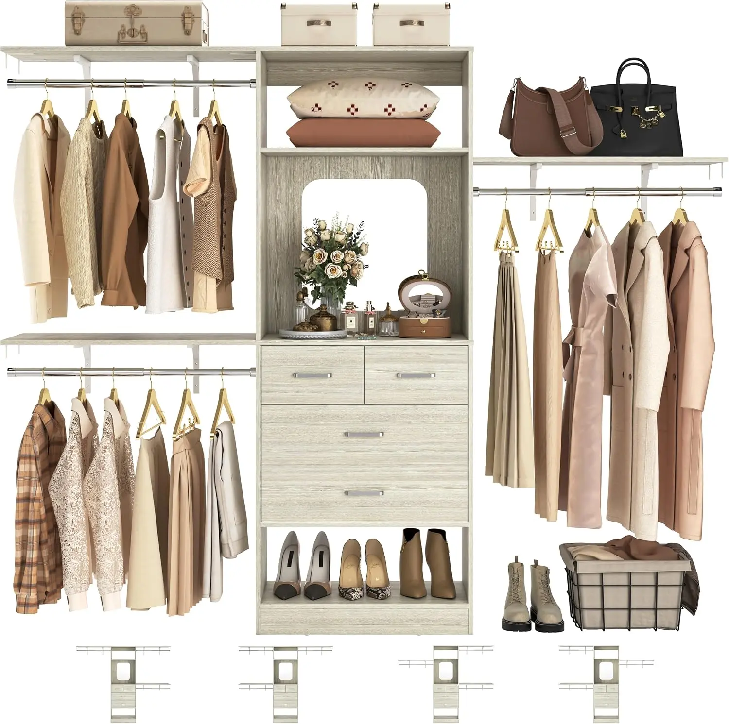 Unikito 8FT Closet System with 4 Drawers, 96" Wood Closet Organizer with Mirror and Hanging Rods, Sturdy Walk in Wardrobe Closet Insert with Tower, 96" W x 16" D x 80" H (Can Be Cut To Fit)